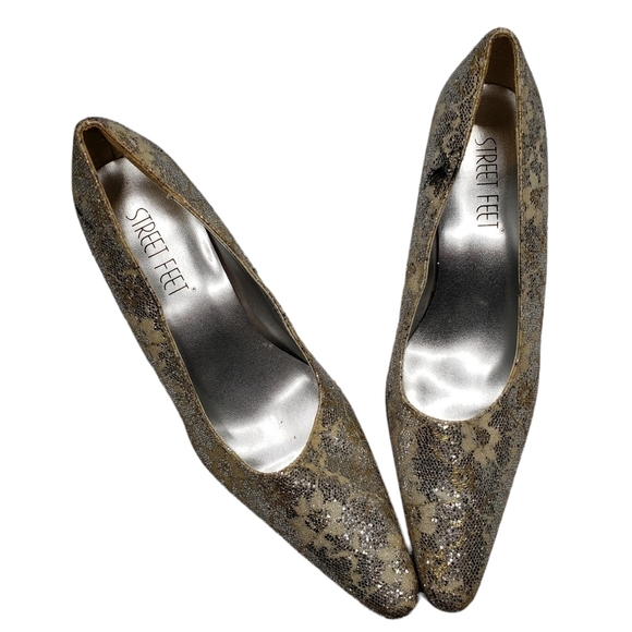 Street Feet | Glam Metallic Silver Floral Pointed Toe Block Heel Pumps Women's 9 - Picture 3 of 12